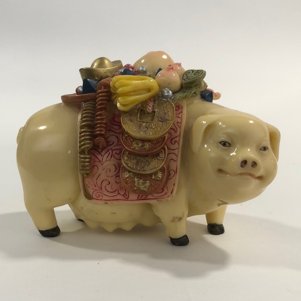 Vintage Cast Ivory Resin Hand-Painted Chinese Pig